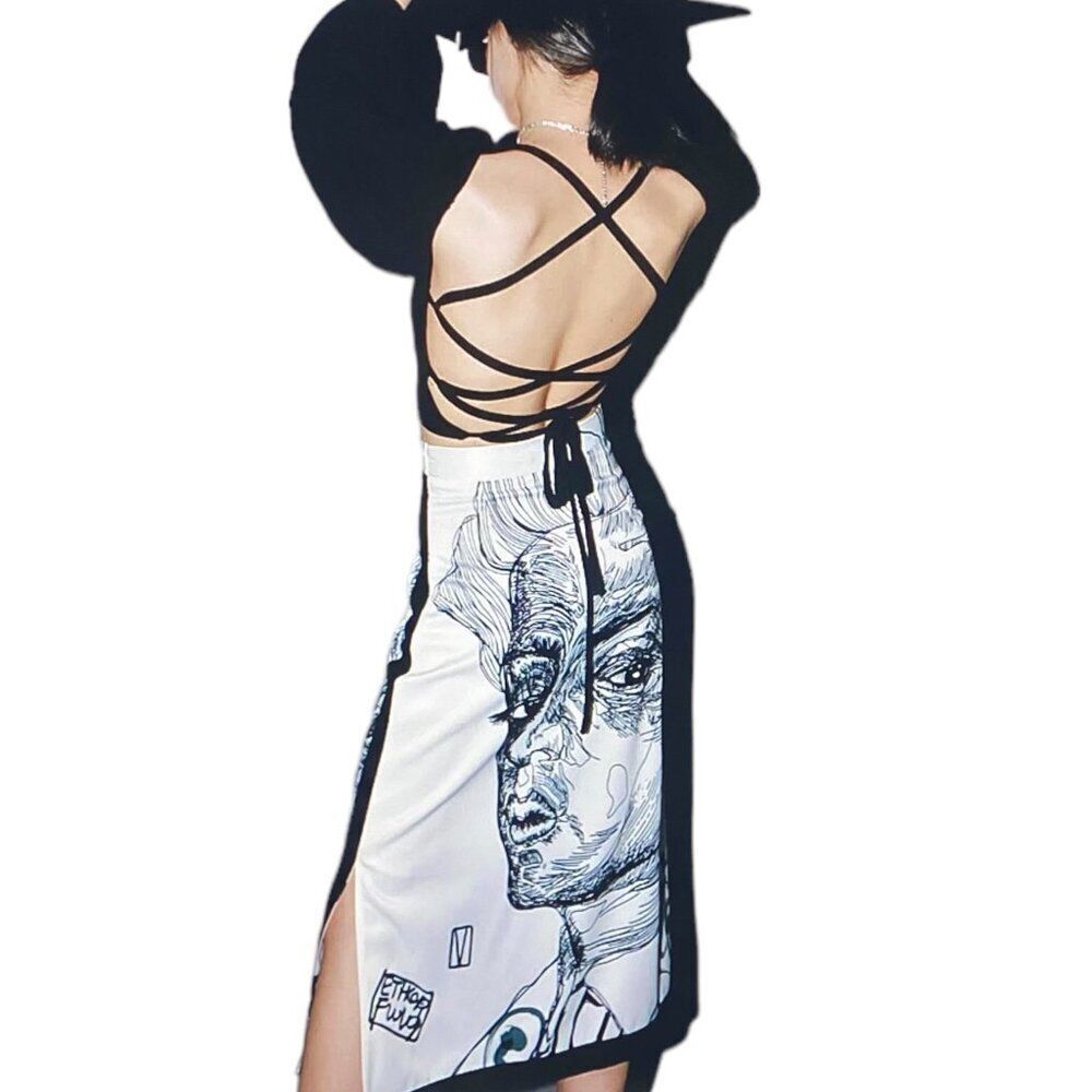 Black White Self Reflection Split Side Hem Midi Skirt NEW
